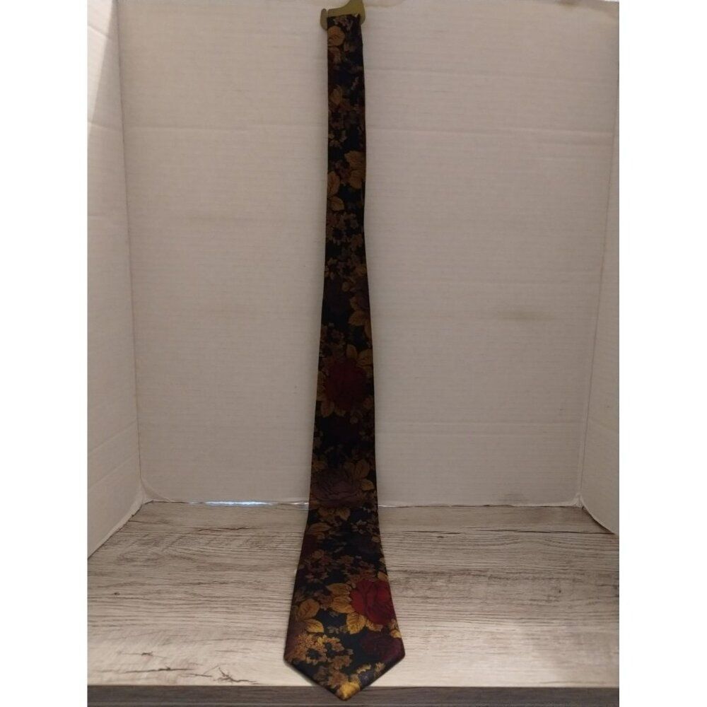 WemSilk Wembley Floral Tie 56" Polyester Made In USA Vintage Gold Burgundy Navy